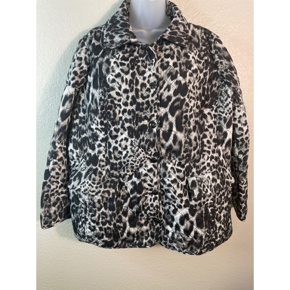 Chicos 3 US 16/18 Quilted Jacket Grey Black Leopard Animal Print Outdoor Chic